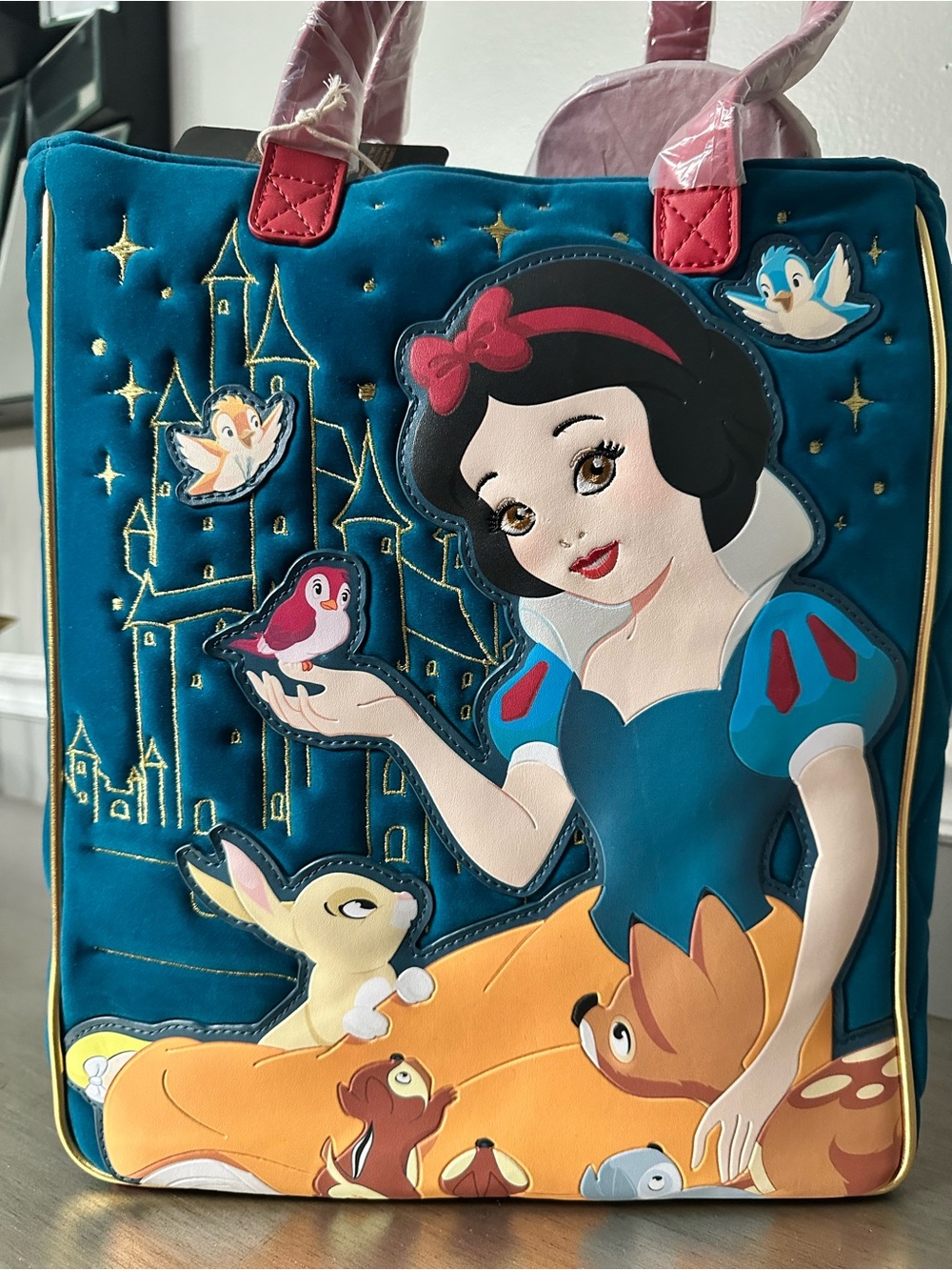 Loungefly Snow White Teal Blue and Yellow Velvet Tote